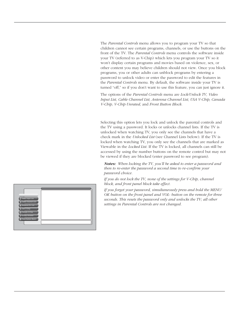 Using the tv’s features, Parental controls, Lock/unlock tv | 36 chapter 3 | RCA SCENIUM HDTV with DLP technology High-Definition Television User Manual | Page 38 / 80