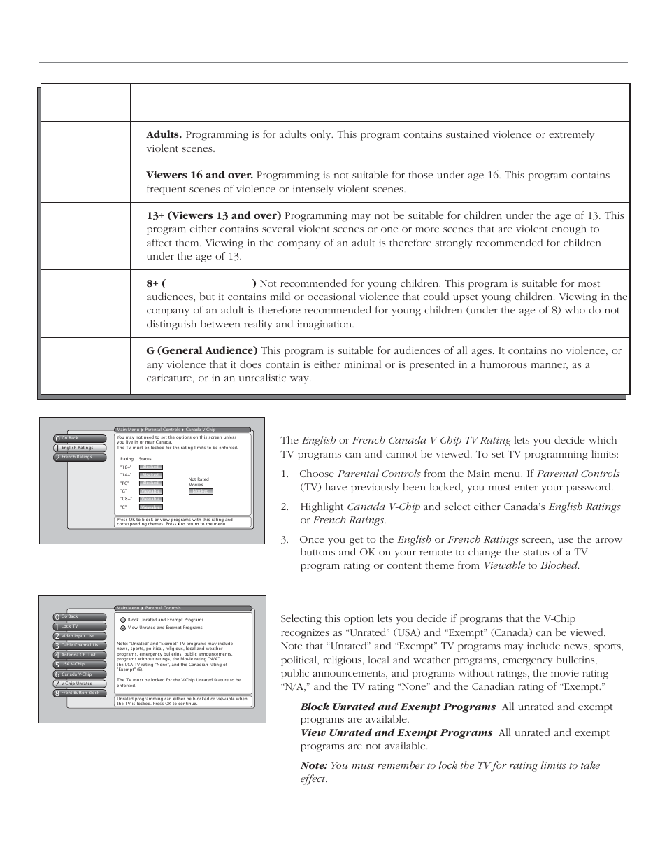 Using the tv’s features, 42 chapter 3 canada v-chip, V-chip unrated program block | RCA SCENIUM HDTV with DLP technology High-Definition Television User Manual | Page 44 / 80