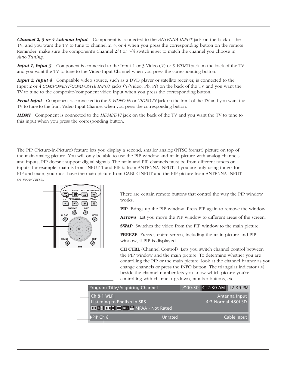 Using the tv’s features, Pip (picture-in-picture) operation, 44 chapter 3 | Pip buttons | RCA SCENIUM HDTV with DLP technology High-Definition Television User Manual | Page 46 / 80