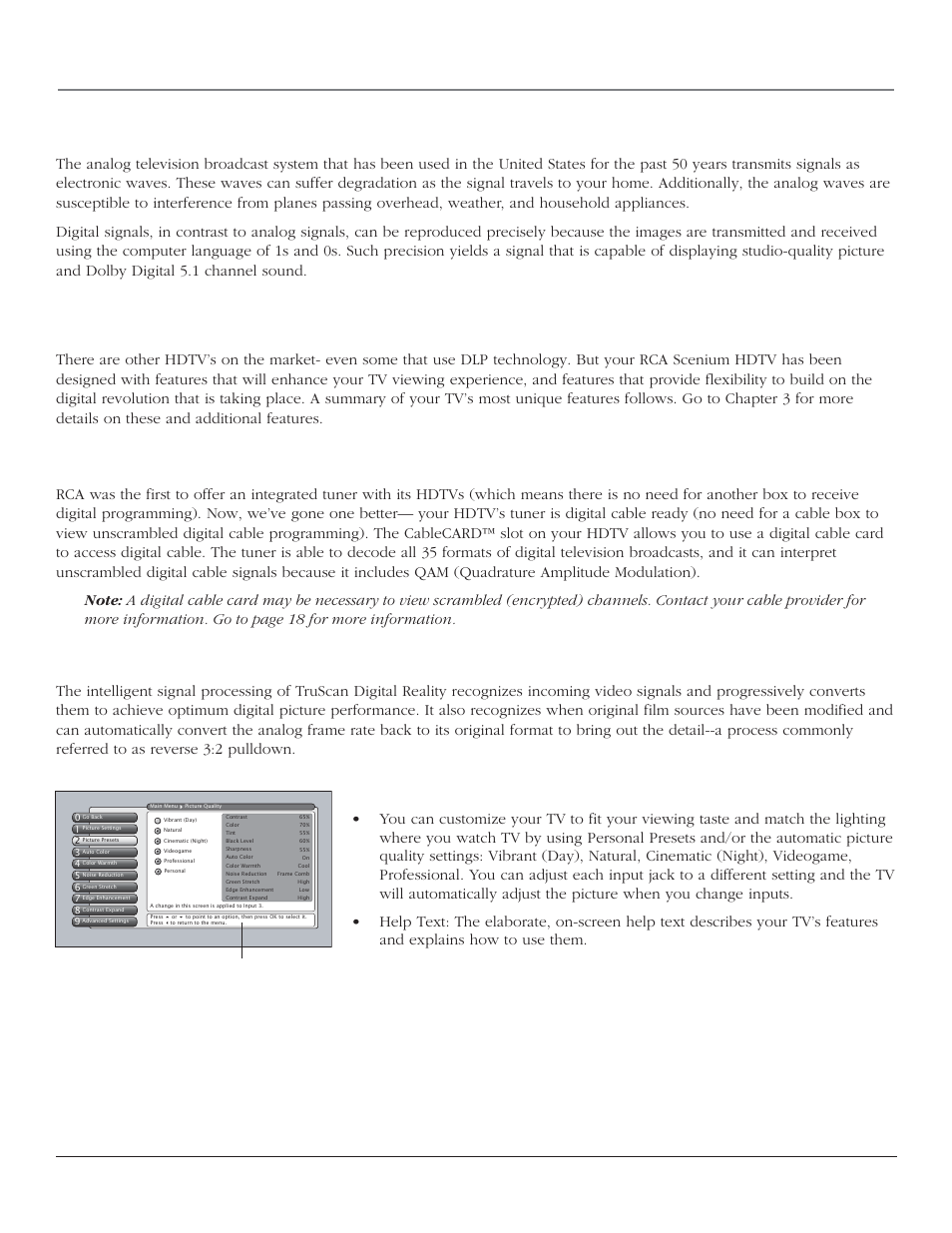 Introduction, Digital signal and sound, Integrated hdtv tuner with digital cable ready qam | Truscan digital reality, Help text | RCA SCENIUM HDTV with DLP technology High-Definition Television User Manual | Page 5 / 80