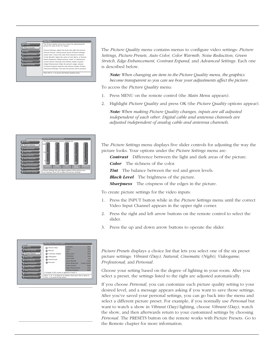 Using the tv’s menu system picture quality menu, Picture settings, Picture presets | 50 chapter 4 | RCA SCENIUM HDTV with DLP technology High-Definition Television User Manual | Page 52 / 80