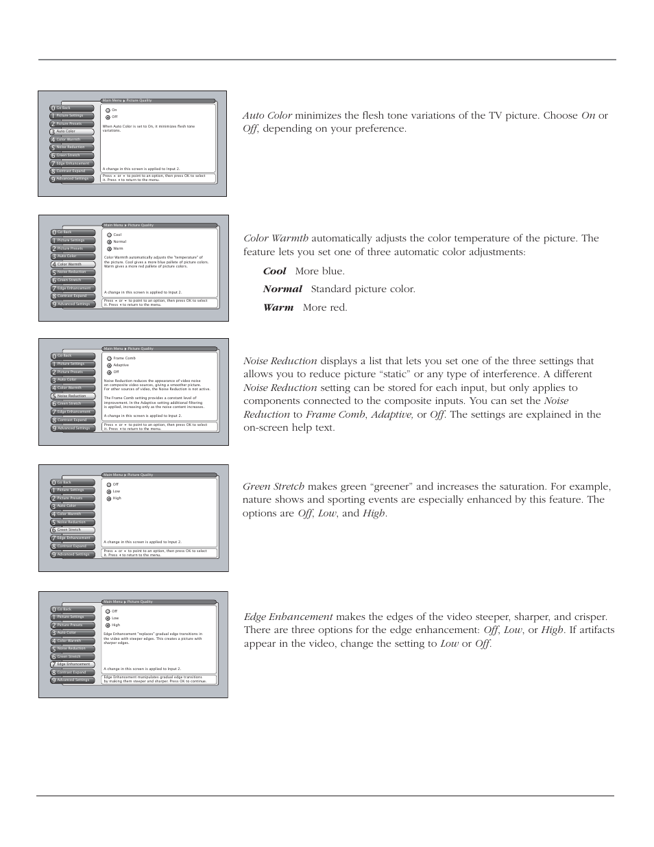 Using the tv’s menu system, Color warmth, Noise reduction | Auto color, Green stretch, Edge enhancement, Chapter 4 51 | RCA SCENIUM HDTV with DLP technology High-Definition Television User Manual | Page 53 / 80