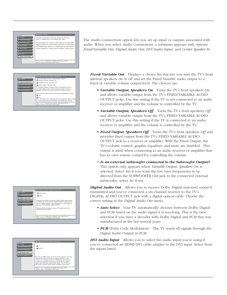 Using the tv’s menu system, Audio connections, Chapter 4 55 | RCA SCENIUM HDTV with DLP technology High-Definition Television User Manual | Page 57 / 80