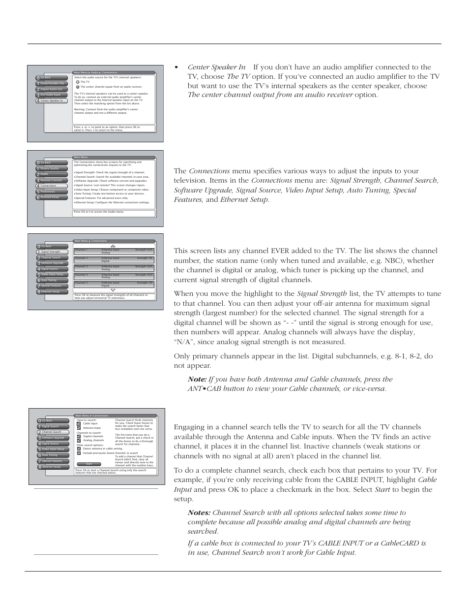 Using the tv’s menu system, Connections menu, Signal strength | Channel search, 56 chapter 4 | RCA SCENIUM HDTV with DLP technology High-Definition Television User Manual | Page 58 / 80