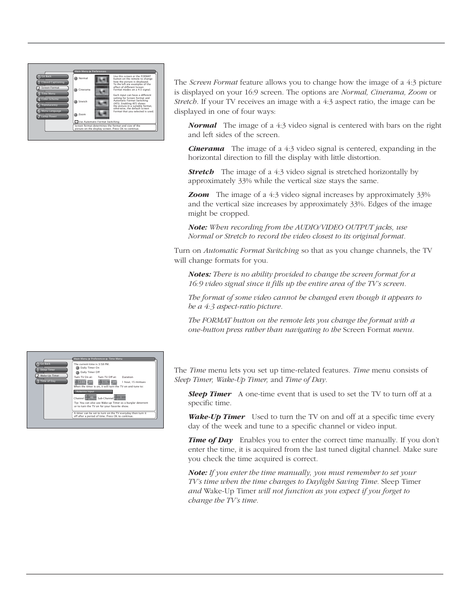 Using the tv’s menu system, Screen format, Time menu | Chapter 4 61 | RCA SCENIUM HDTV with DLP technology High-Definition Television User Manual | Page 63 / 80