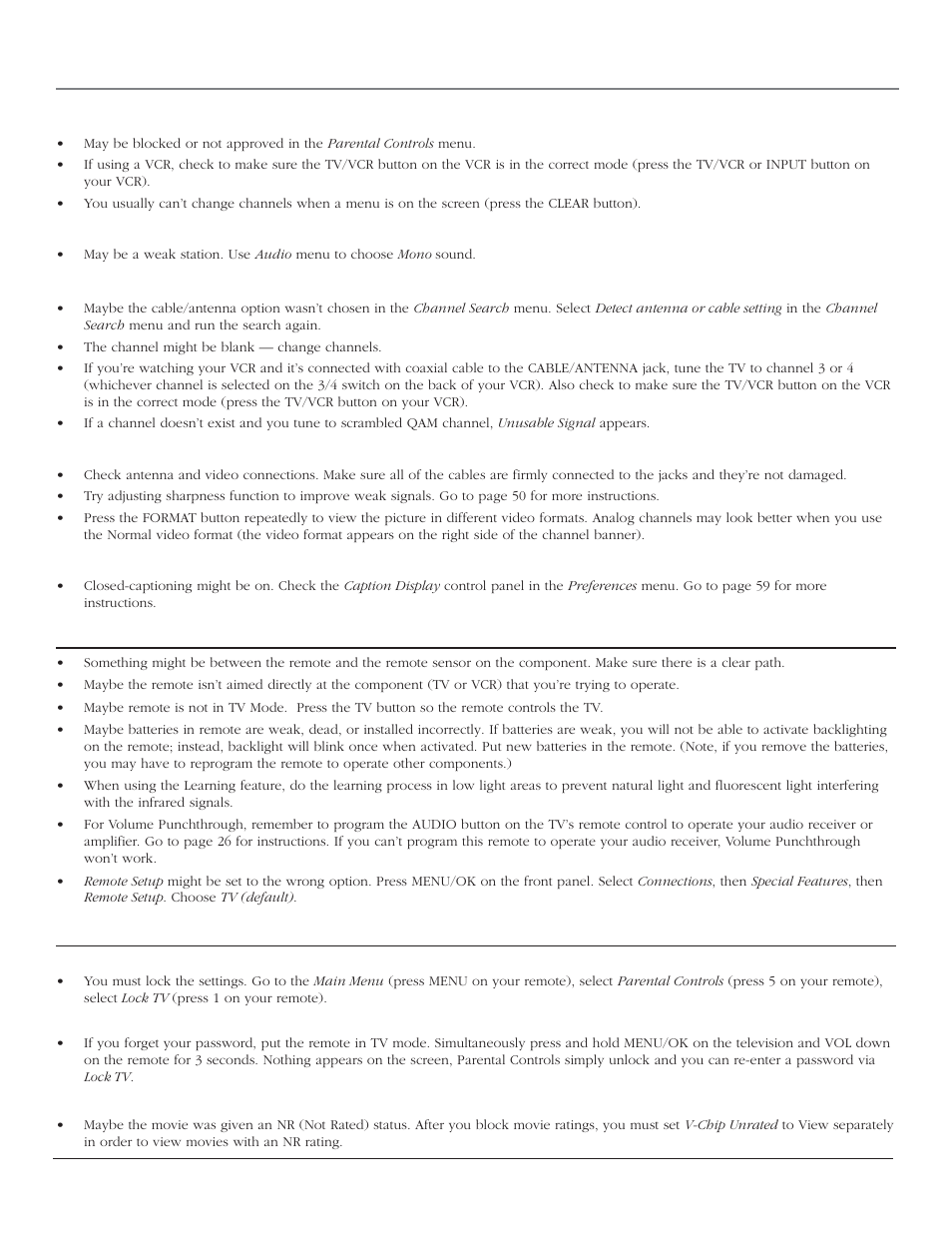 References, The remote control doesn’t work, Problems with v-chip/parental controls | RCA SCENIUM HDTV with DLP technology High-Definition Television User Manual | Page 68 / 80