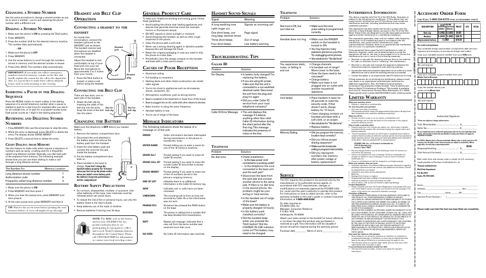 Eadset, Peration, Hanging | Attery, Eneral, Roduct, Auses, Eception, Essage, Ndicators | RCA 26930 User Manual | Page 2 / 2