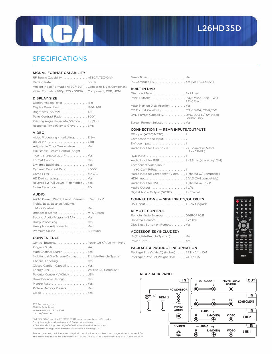 L26hd35d, Specifications | RCA L26HD35D User Manual | Page 2 / 2