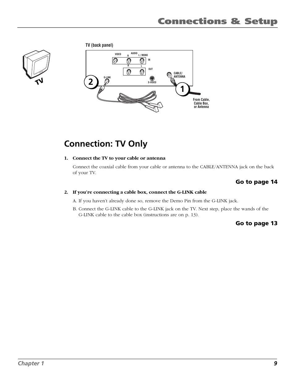 Connections & setup, 2connection: tv only, Chapter 1 9 | Go to page 14, Go to page 13 | RCA F20648 User Manual | Page 11 / 64