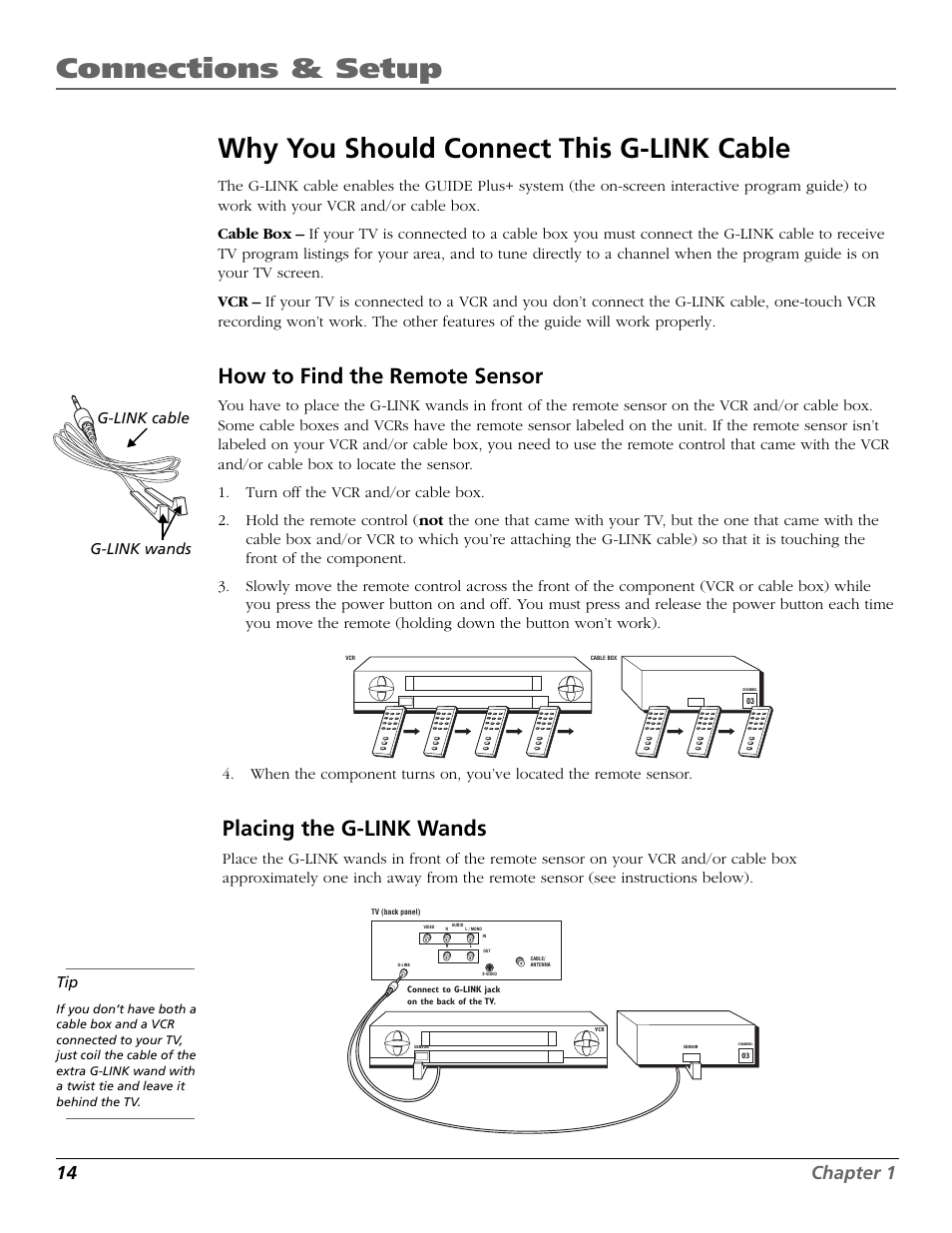 How to find the remote sensor, Placing the g-link wands, 14 chapter 1 | RCA F20648 User Manual | Page 16 / 64