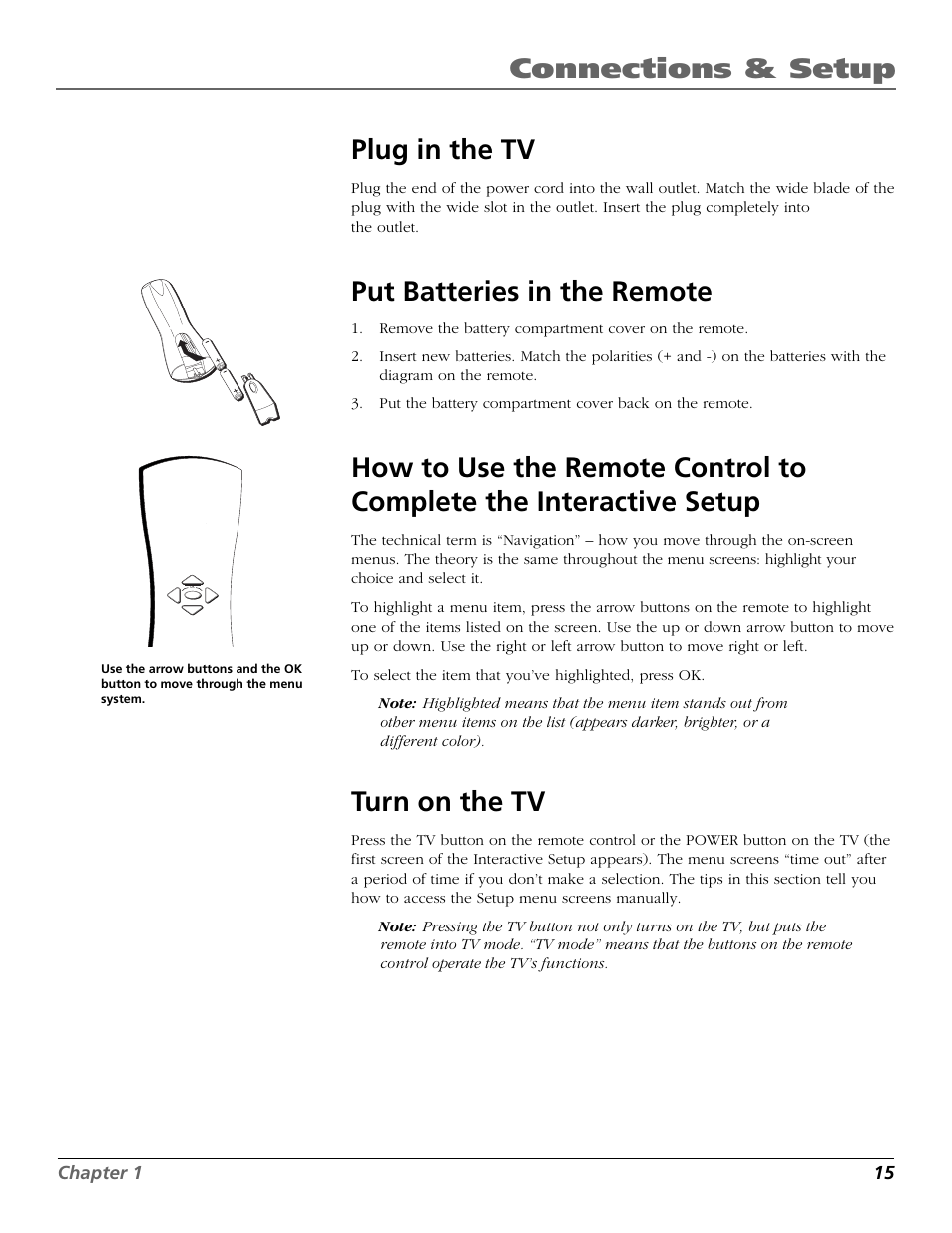 Connections & setup, Plug in the tv, Put batteries in the remote | Turn on the tv | RCA F20648 User Manual | Page 17 / 64