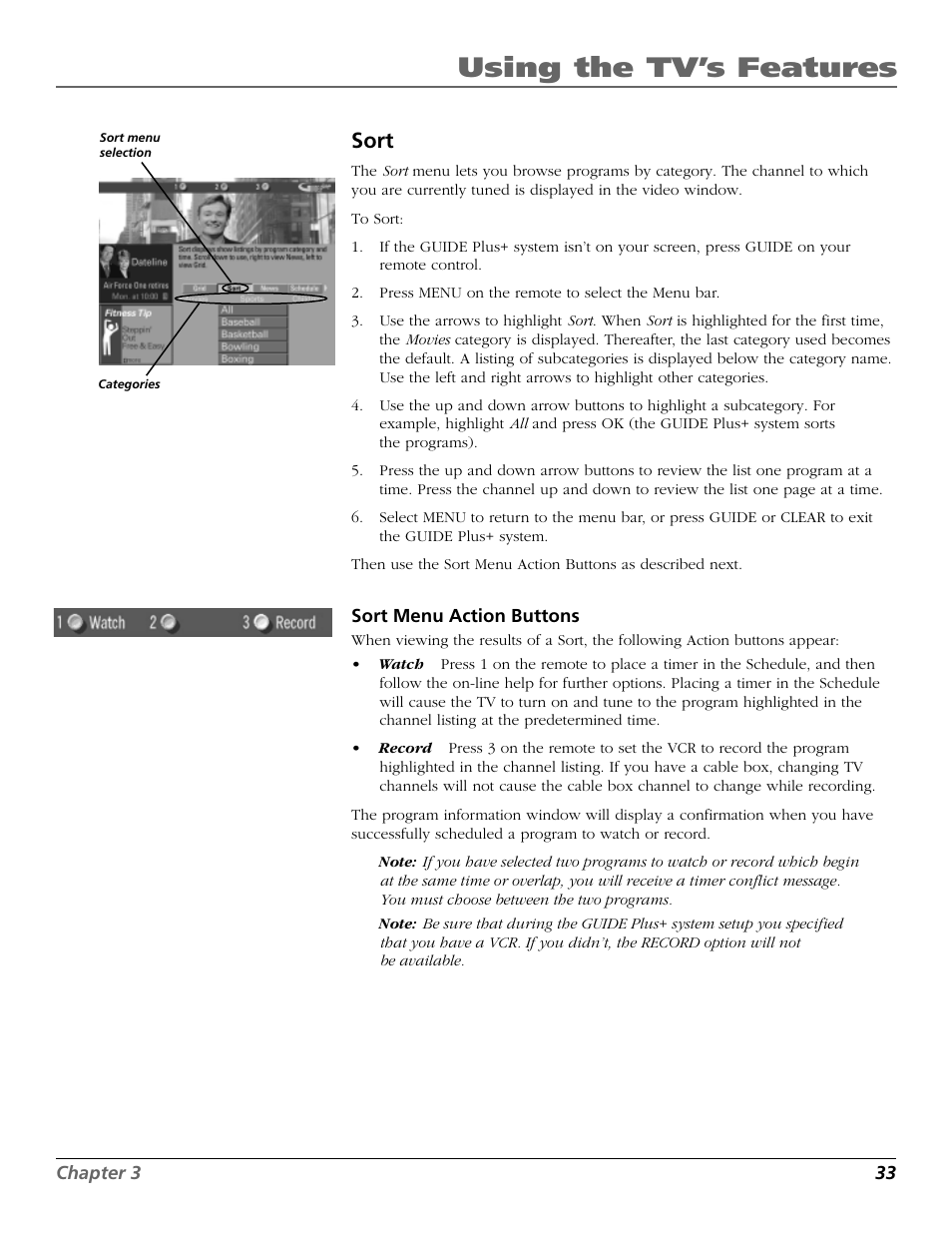 Using the tv’s features, Sort | RCA F20648 User Manual | Page 35 / 64