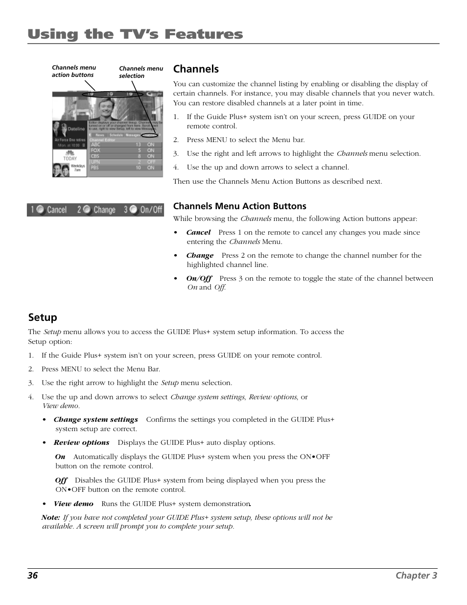 Using the tv’s features, Channels, Setup | RCA F20648 User Manual | Page 38 / 64