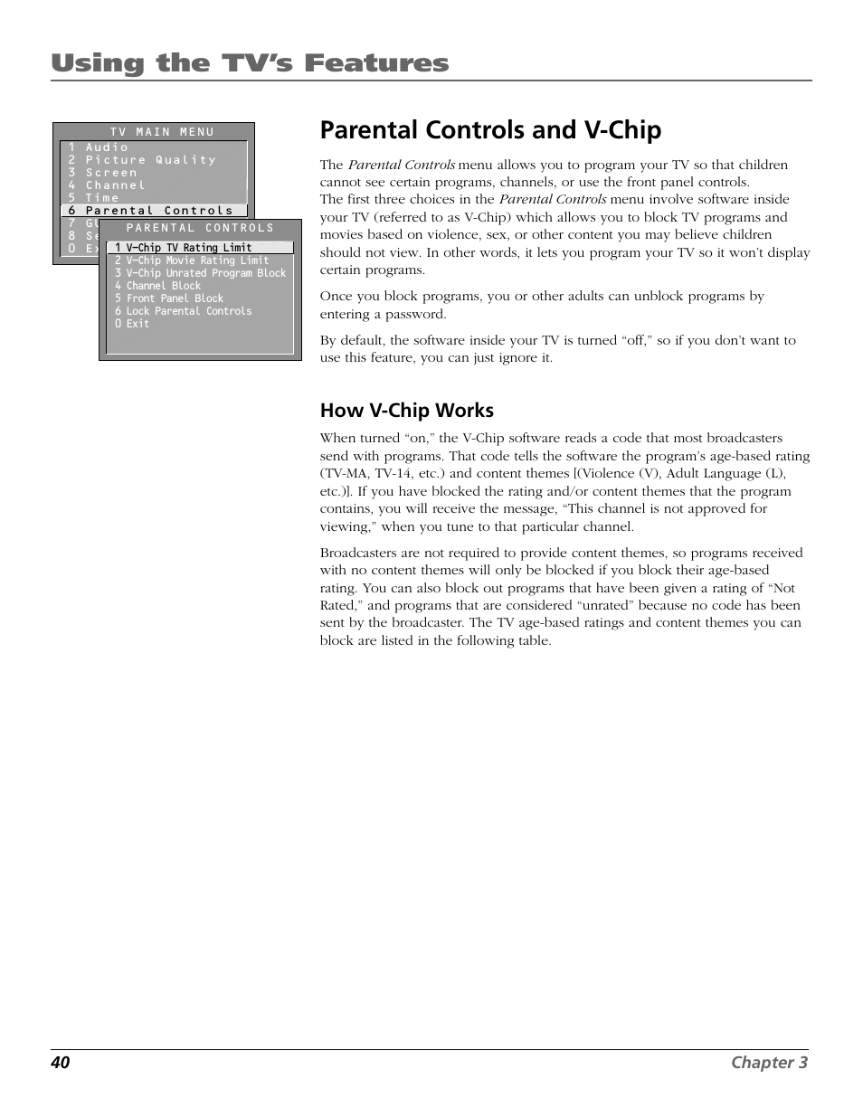Using the tv’s features, Parental controls and v-chip, How v-chip works | RCA F20648 User Manual | Page 42 / 64