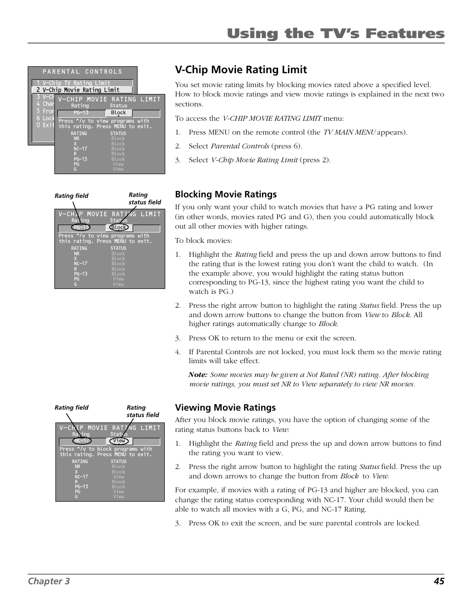 Using the tv’s features, V-chip movie rating limit, Chapter 3 45 | Blocking movie ratings, Viewing movie ratings | RCA F20648 User Manual | Page 47 / 64