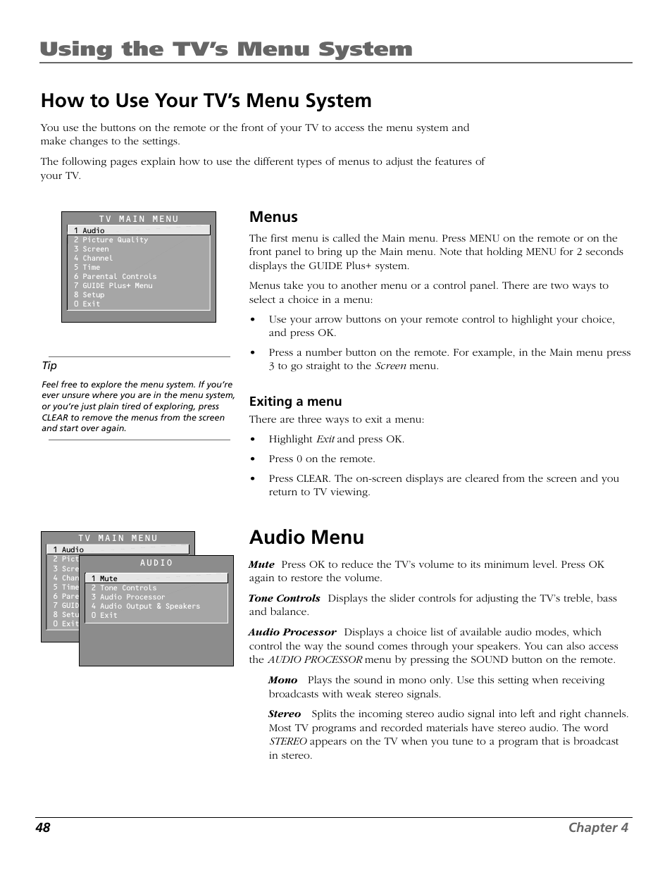 Using the tv’s menu system, How to use your tv’s menu system, Audio menu | Menus | RCA F20648 User Manual | Page 50 / 64