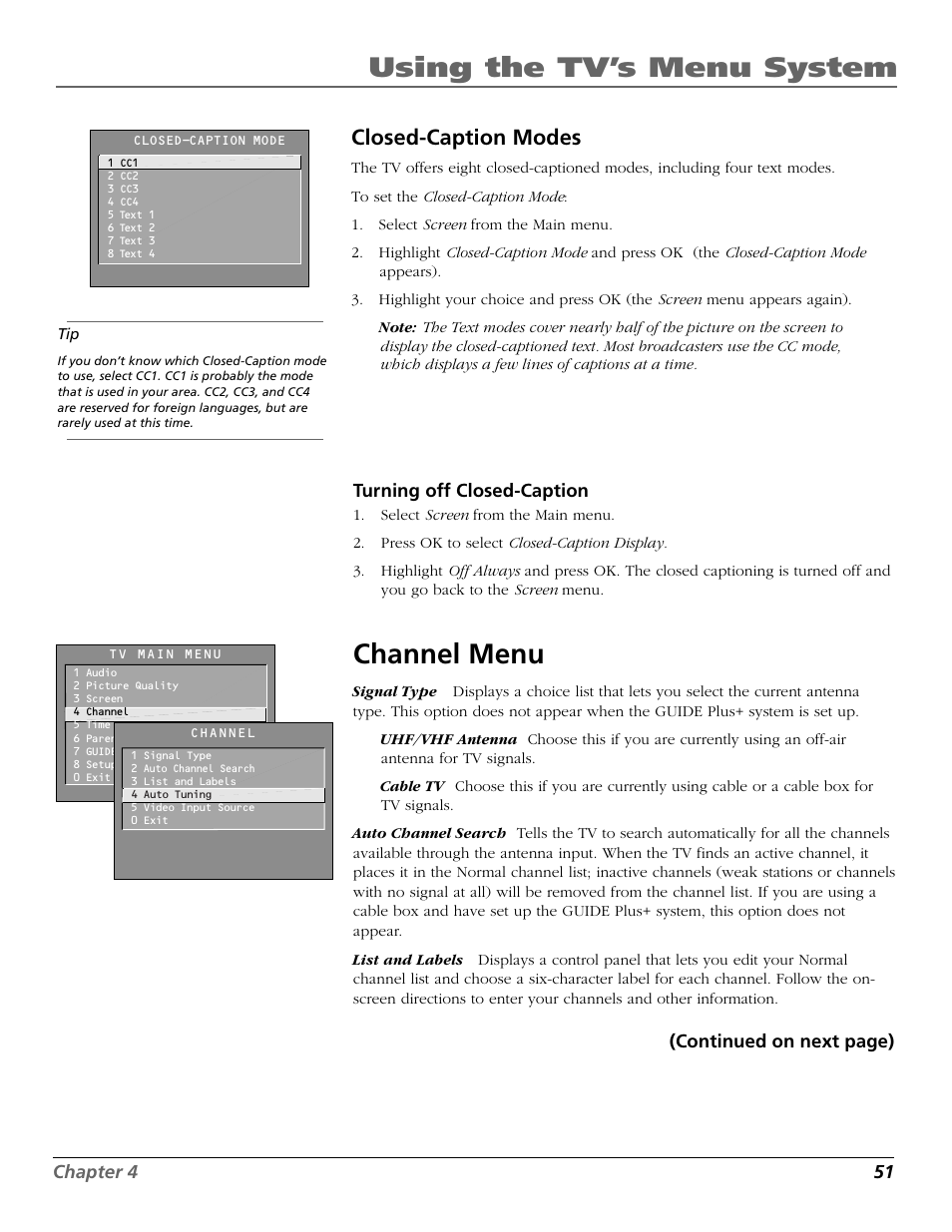 Using the tv’s menu system, Channel menu, Closed-caption modes | RCA F20648 User Manual | Page 53 / 64