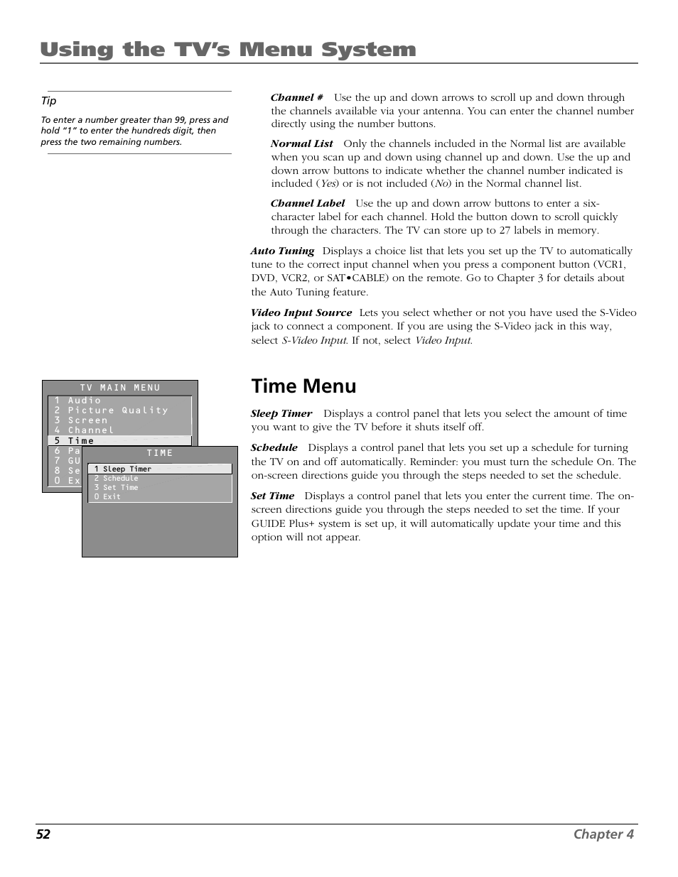 Using the tv’s menu system, Time menu | RCA F20648 User Manual | Page 54 / 64