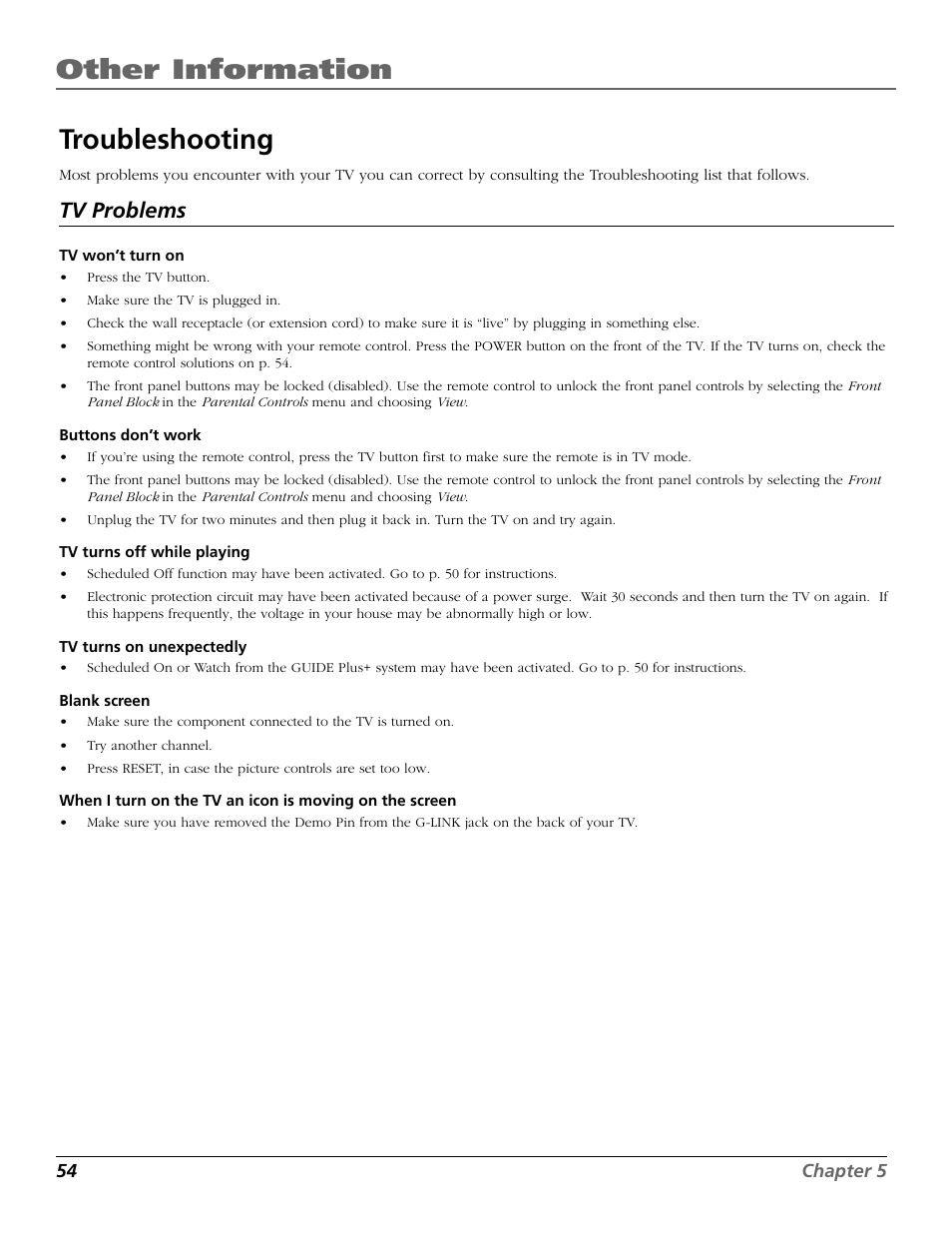 Other information, Troubleshooting, Tv problems | RCA F20648 User Manual | Page 56 / 64