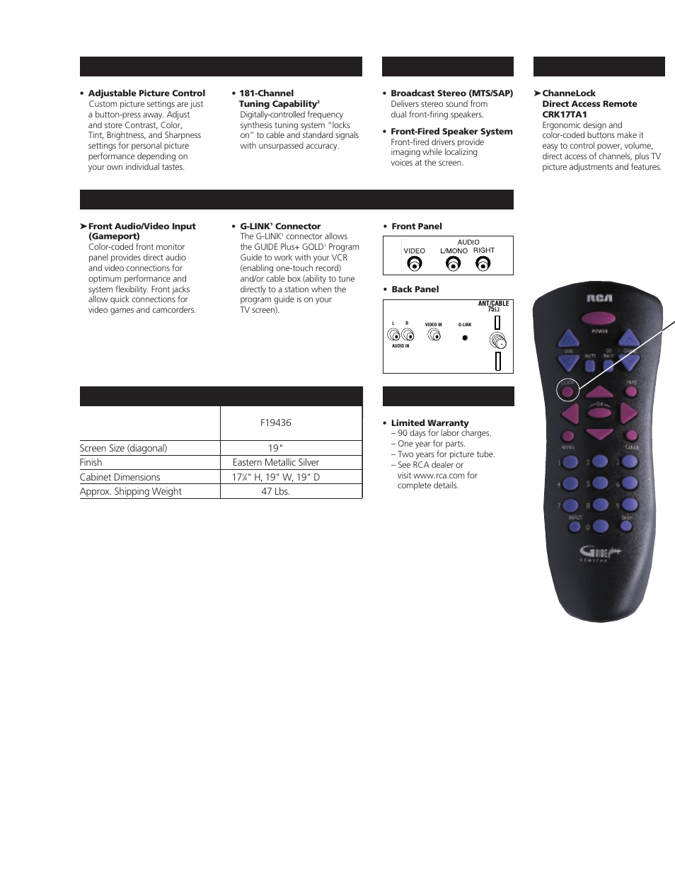 Picture connections, Sound, Remote | Plus, Specifications | RCA F19436 User Manual | Page 2 / 4