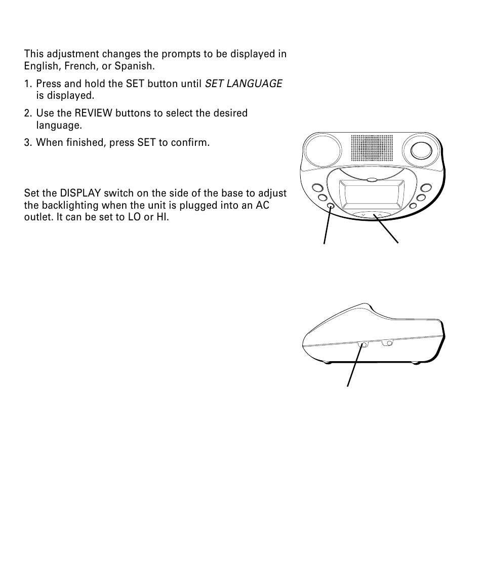 Setting the language, Setting the display backlight, Etting | Anguage, Isplay, Acklight | RCA 29292 User Manual | Page 10 / 60