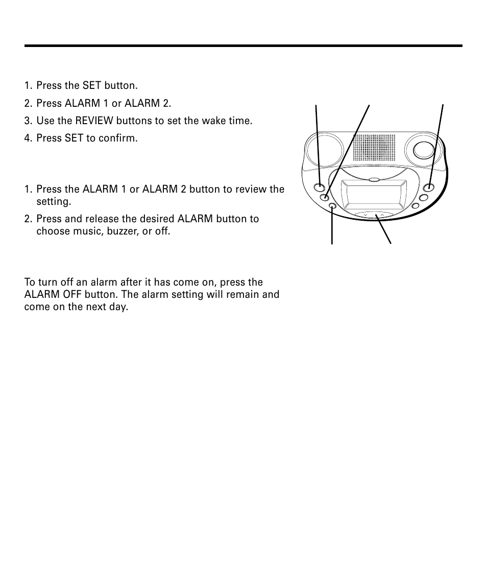 Alarm basics, Setting the alarm time, Alarm select | Turning off the alarms, Larm, Asics, Etting, Elect, Urning, Larms | RCA 29292 User Manual | Page 11 / 60