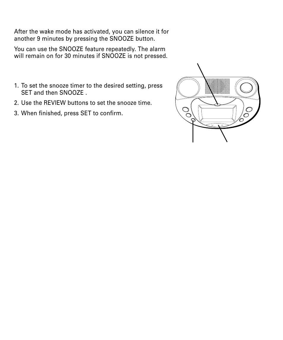 Using the snooze timer, Adjusting the snooze timer, Sing | Nooze, Imer, Djusting | RCA 29292 User Manual | Page 12 / 60