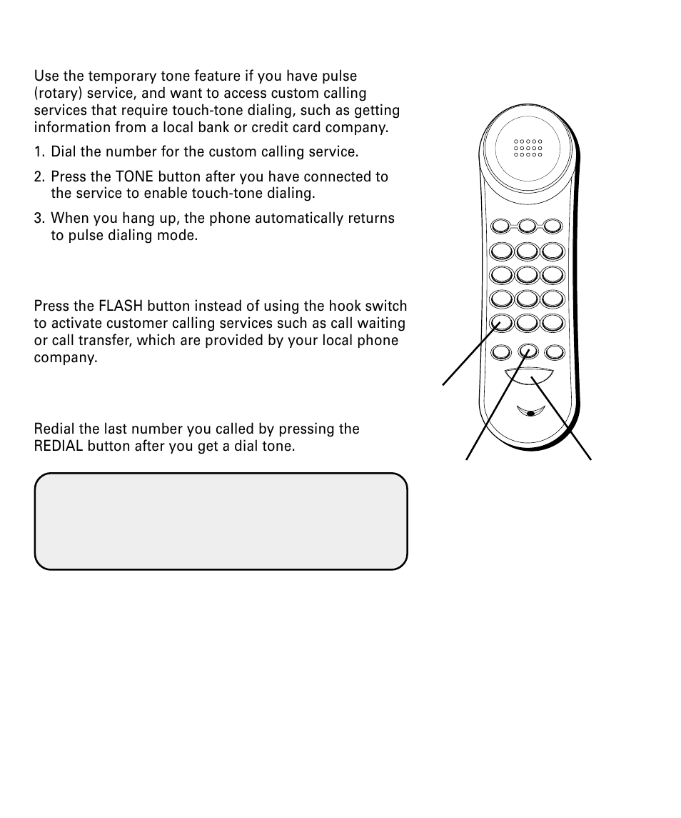 Temporary tone, Flash, Redial | Emporary, Lash, Edial, Flash button tone button redial button | RCA 29292 User Manual | Page 14 / 60