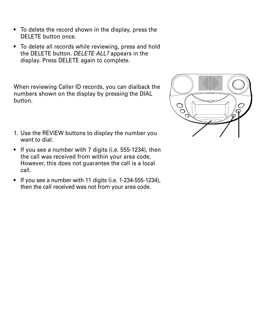 Deleting call records, Dialing back, Eleting | Ecords, Ialing, Programmed, Your, Local, Area, Code | RCA 29292 User Manual | Page 17 / 60