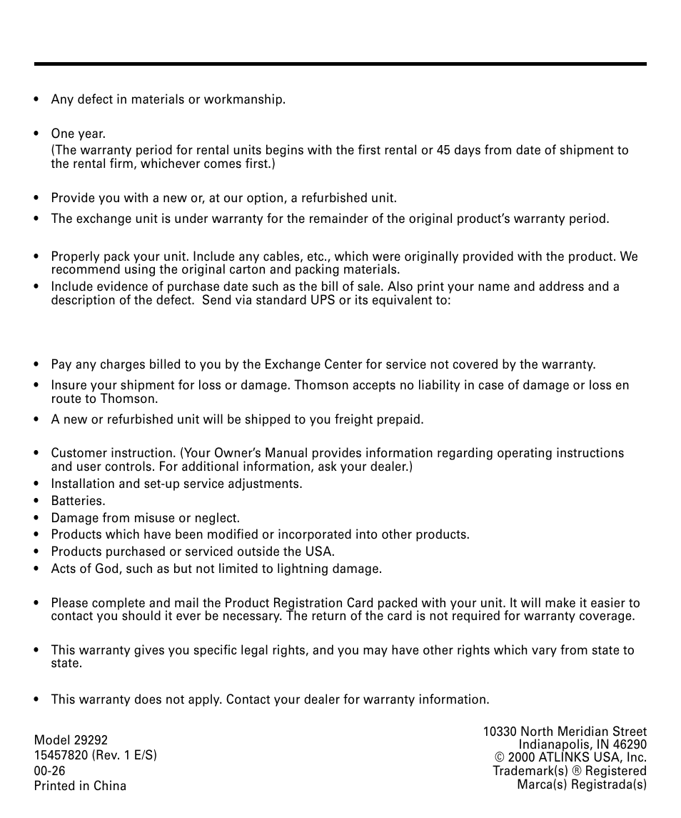 Limited warranty, Imited, Arranty | Arranty 30 | RCA 29292 User Manual | Page 30 / 60