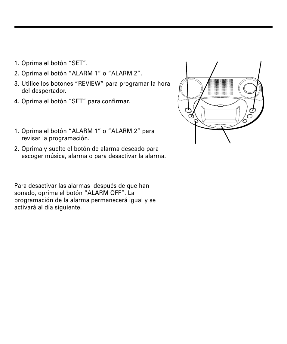 Funciones básicas de la alarma despertadora, Programación de la hora para la alarma, Selección de alarma | Cómo desactivar las alarmas, Unciones, Ásicas, Larma, Espertadora, Rogramación, Para | RCA 29292 User Manual | Page 41 / 60