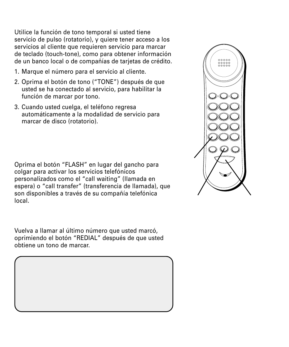 Función de tono temporal, Botón para servicios (“flash”), Para volver a marcar (“redial”) | Unción, Emporal, Otón, Para, Ervicios, Flash”), Olver | RCA 29292 User Manual | Page 44 / 60