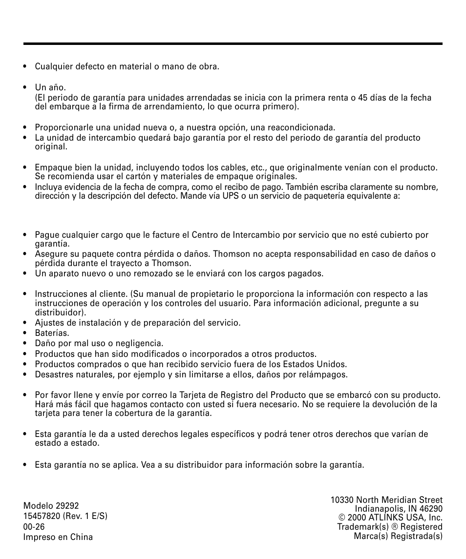 Garantía limitada, Arantía, Limitada | A limitada 30 | RCA 29292 User Manual | Page 60 / 60