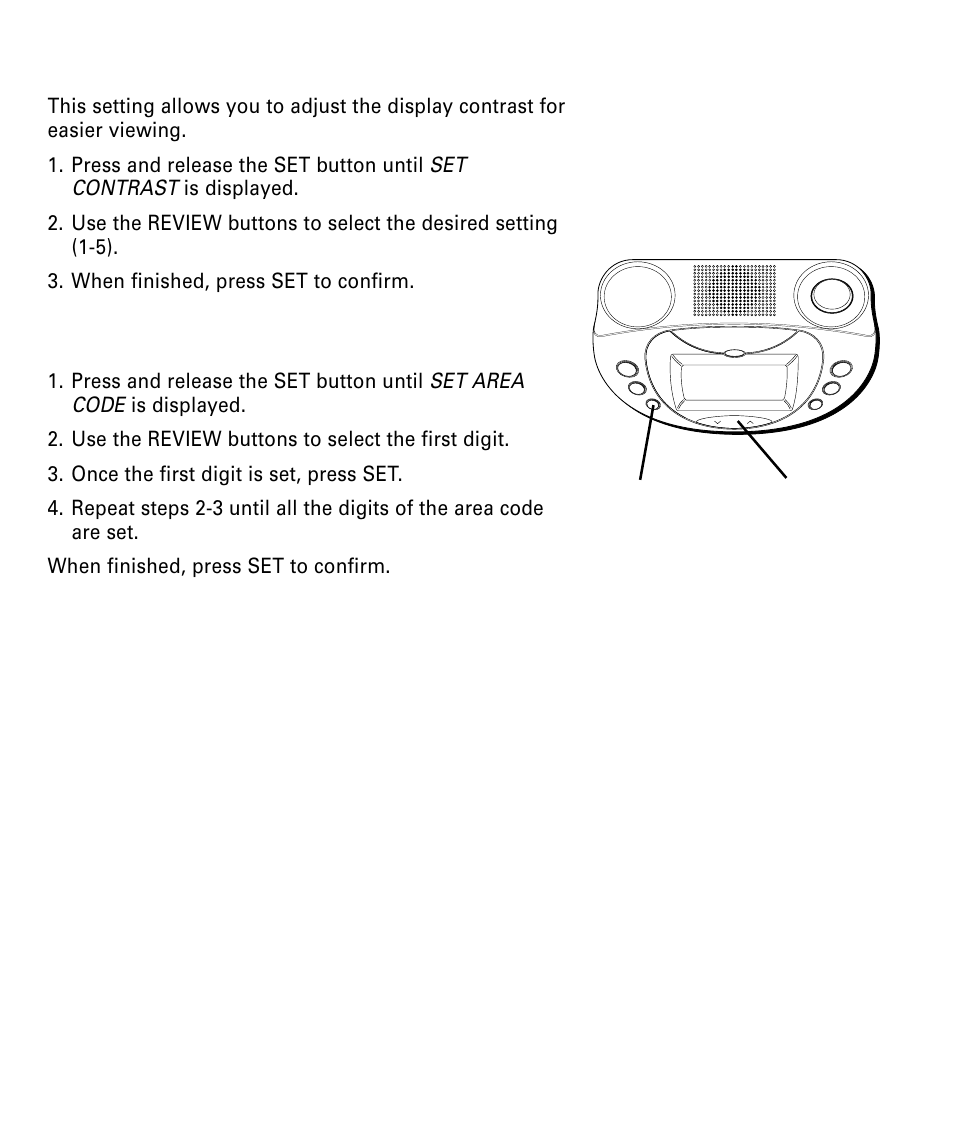 Setting the display contrast, Setting your local area code, Etting | Isplay, Ontrast, Ocal | RCA 29292 User Manual | Page 9 / 60
