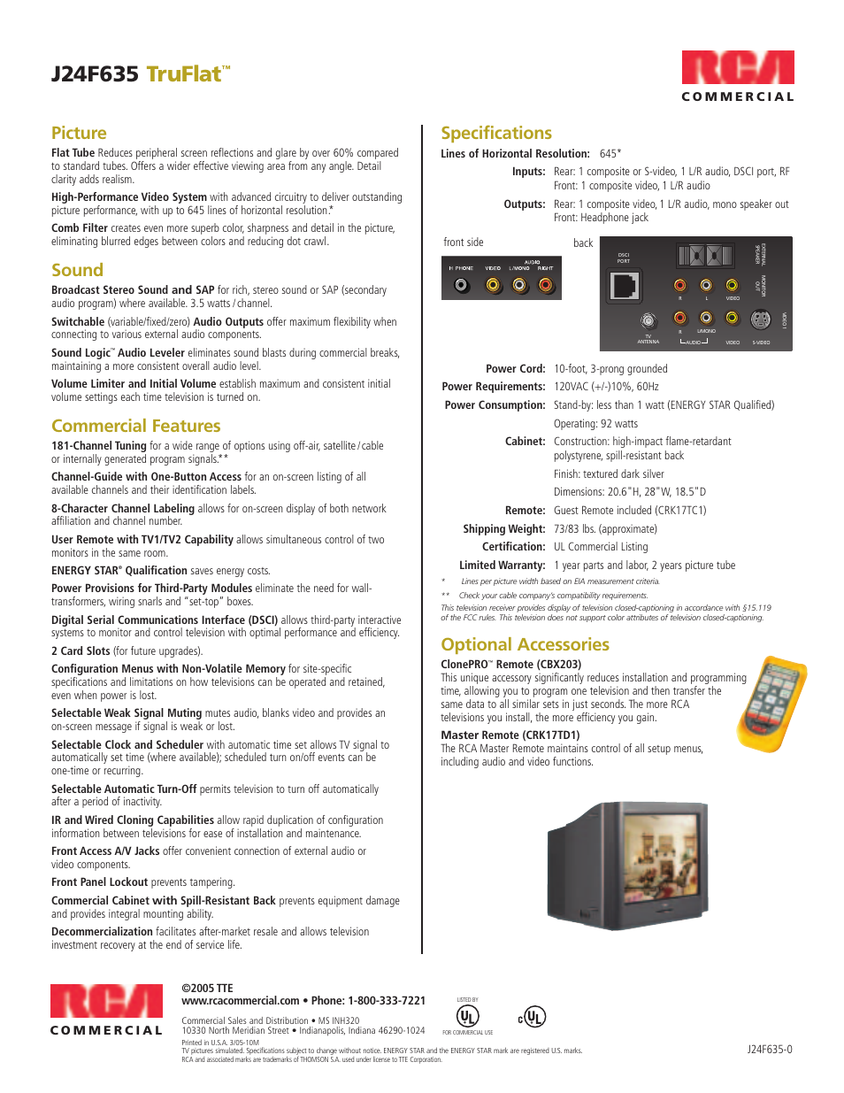 Picture, Sound, Commercial features | Specifications, Optional accessories | RCA J24F635 User Manual | Page 2 / 2
