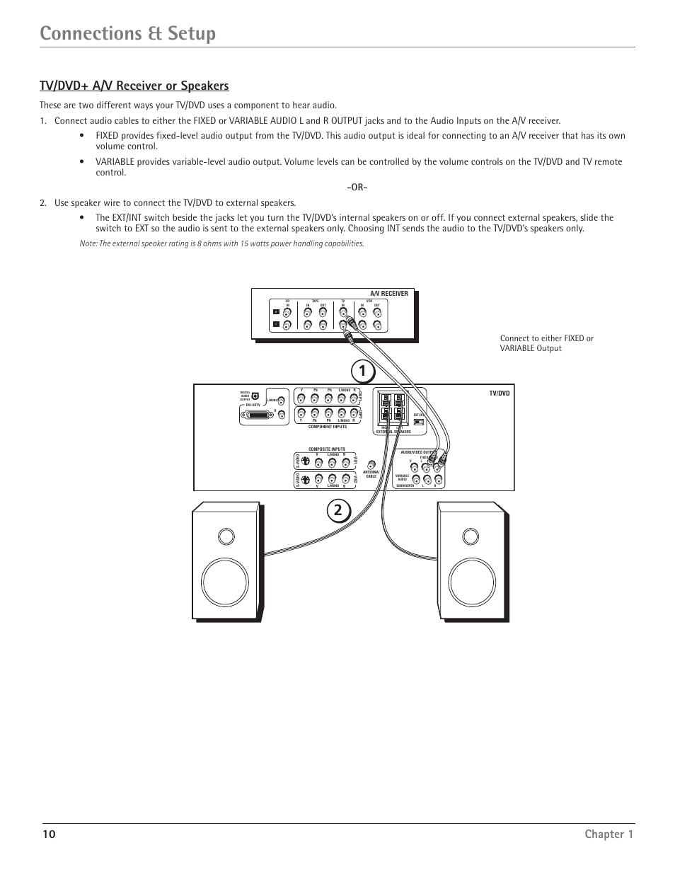 Connections & setup, Tv/dvd+ a/v receiver or speakers, 10 chapter 1 | Connect to either fixed or variable output | RCA Scenium D61W135D User Manual | Page 12 / 48