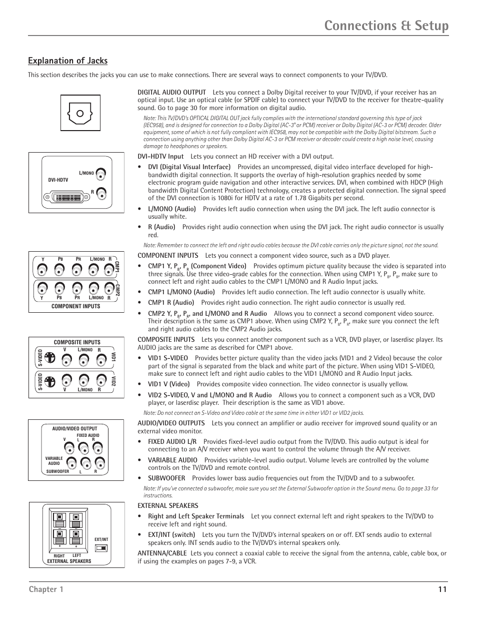 Connections & setup, Explanation of jacks, Chapter 1 11 | RCA Scenium D61W135D User Manual | Page 13 / 48