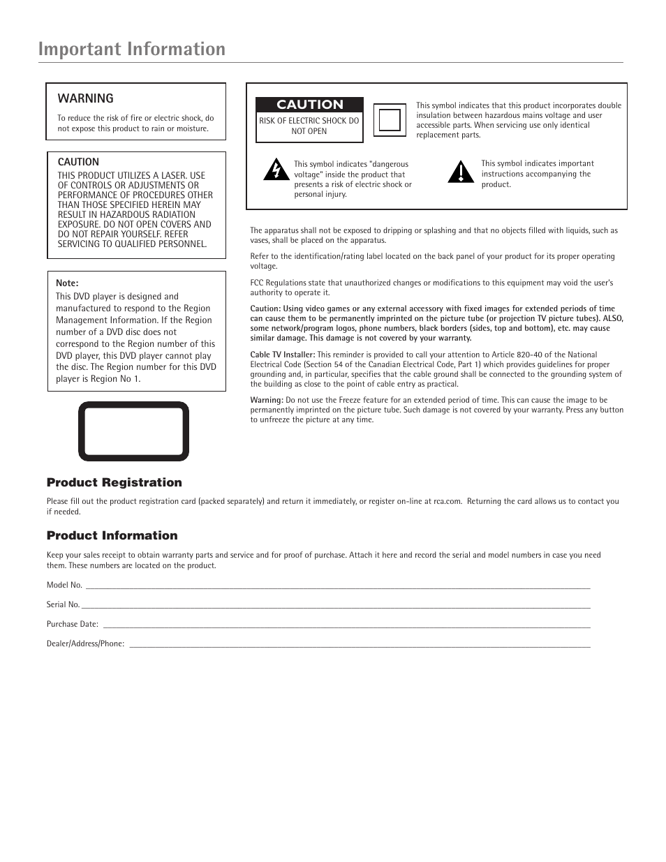 Important information, Warning, Caution | RCA Scenium D61W135D User Manual | Page 2 / 48