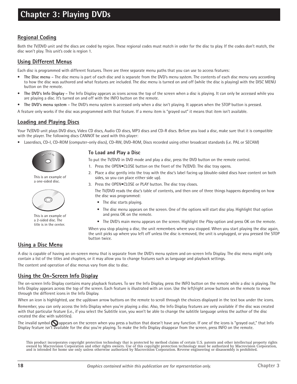 Chapter 3: playing dvds, Regional coding, Using different menus | Loading and playing discs, Using a disc menu, Using the on-screen info display, 18 chapter 3 | RCA Scenium D61W135D User Manual | Page 20 / 48