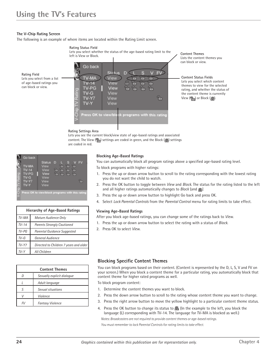 Using the tv’s features, 24 chapter 4, Blocking specific content themes | RCA Scenium D61W135D User Manual | Page 26 / 48