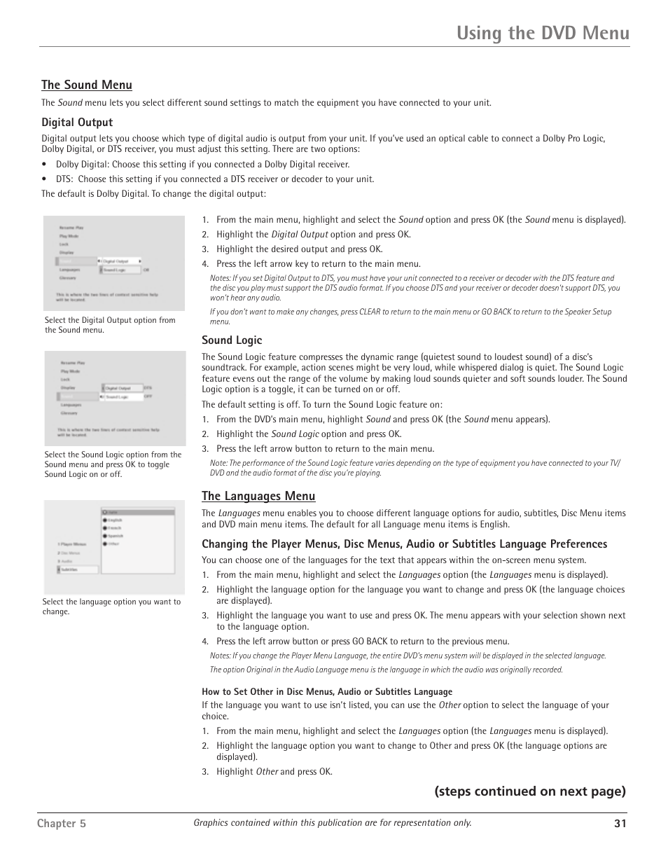 Using the dvd menu, The sound menu, The languages menu | Steps continued on next page) | RCA Scenium D61W135D User Manual | Page 33 / 48