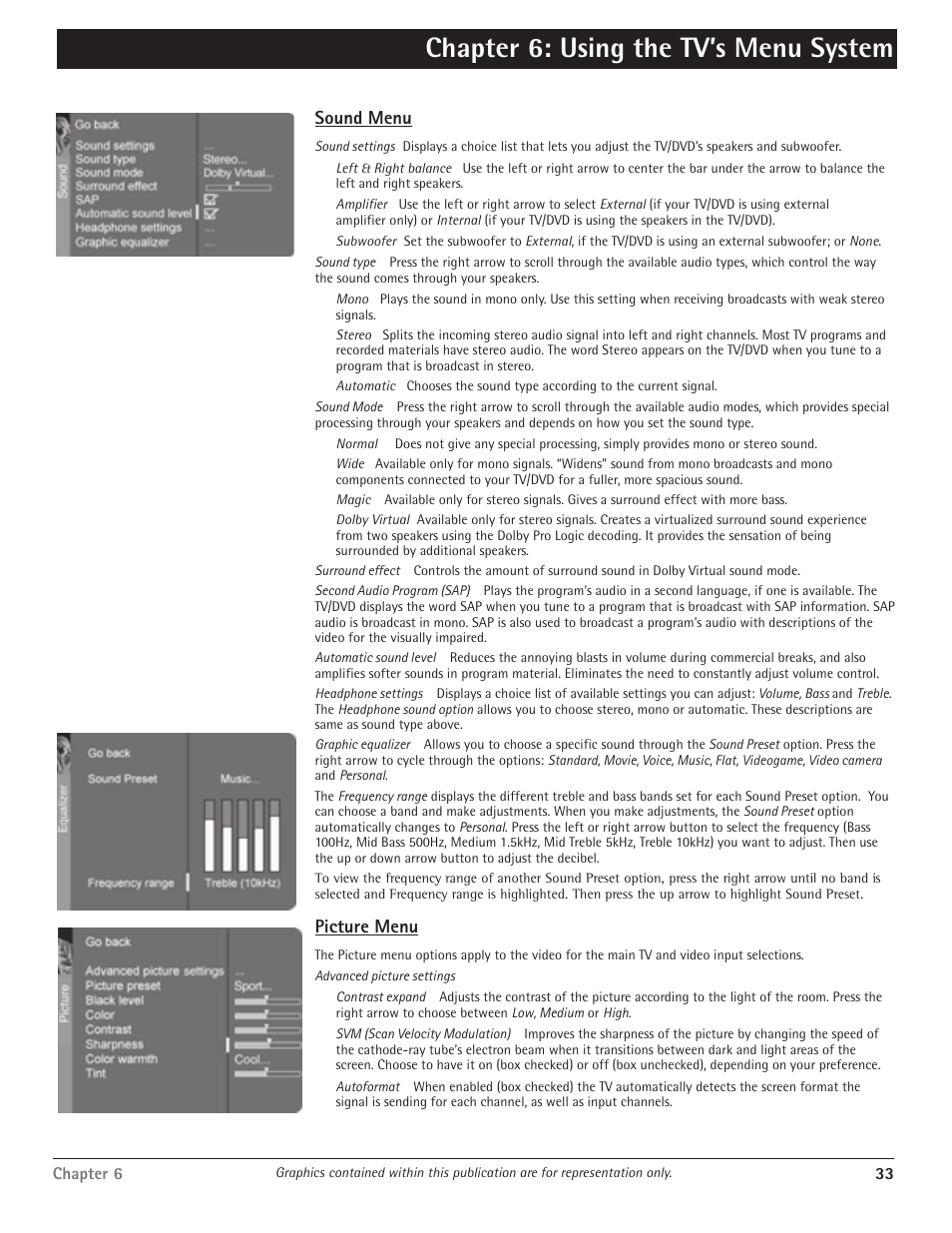 Chapter 6: using the tv’s menu system, Sound menu, Picture menu | RCA Scenium D61W135D User Manual | Page 35 / 48