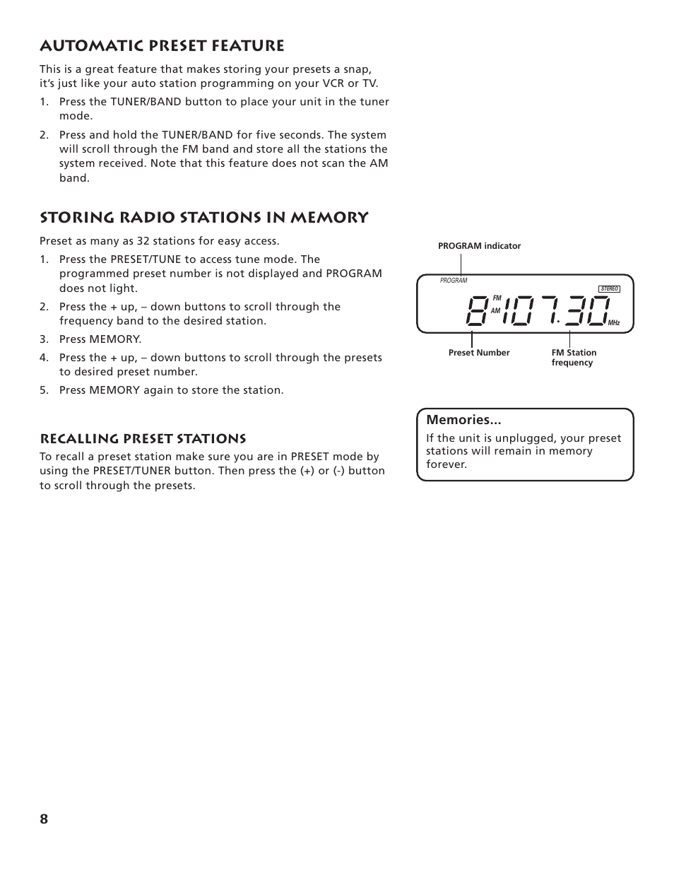 Automatic preset feature, Recalling preset stations | RCA RP-9555 User Manual | Page 10 / 22