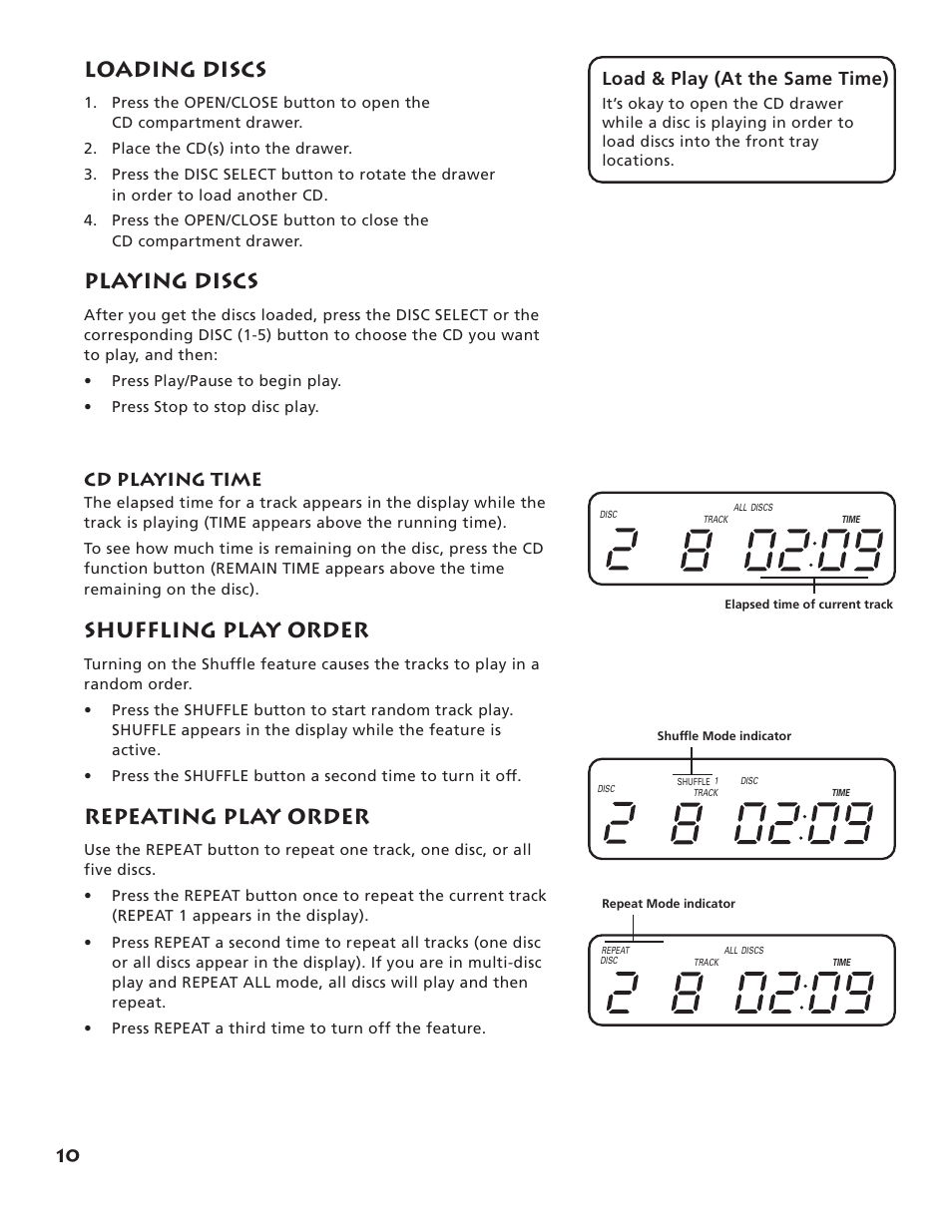 Loading discs, Playing discs, Shuffling play order | Repeating play order, Load & play (at the same time), Cd playing time | RCA RP-9555 User Manual | Page 12 / 22