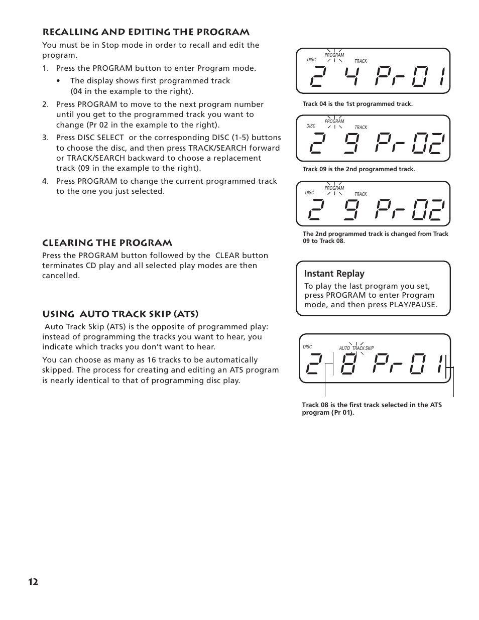 12 recalling and editing the program, Clearing the program, Instant replay | Using auto track skip (ats) | RCA RP-9555 User Manual | Page 14 / 22
