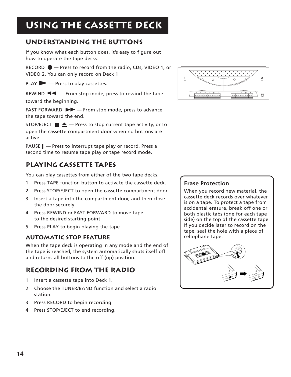 Using the cassette deck, Understanding the buttons, Playing cassette tapes | Recording from the radio, Automatic stop feature, Erase protection | RCA RP-9555 User Manual | Page 16 / 22