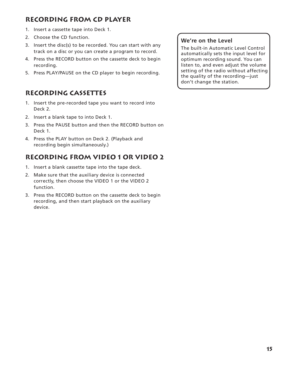 Recording from cd player, Recording cassettes, Recording from video 1 or video 2 | RCA RP-9555 User Manual | Page 17 / 22