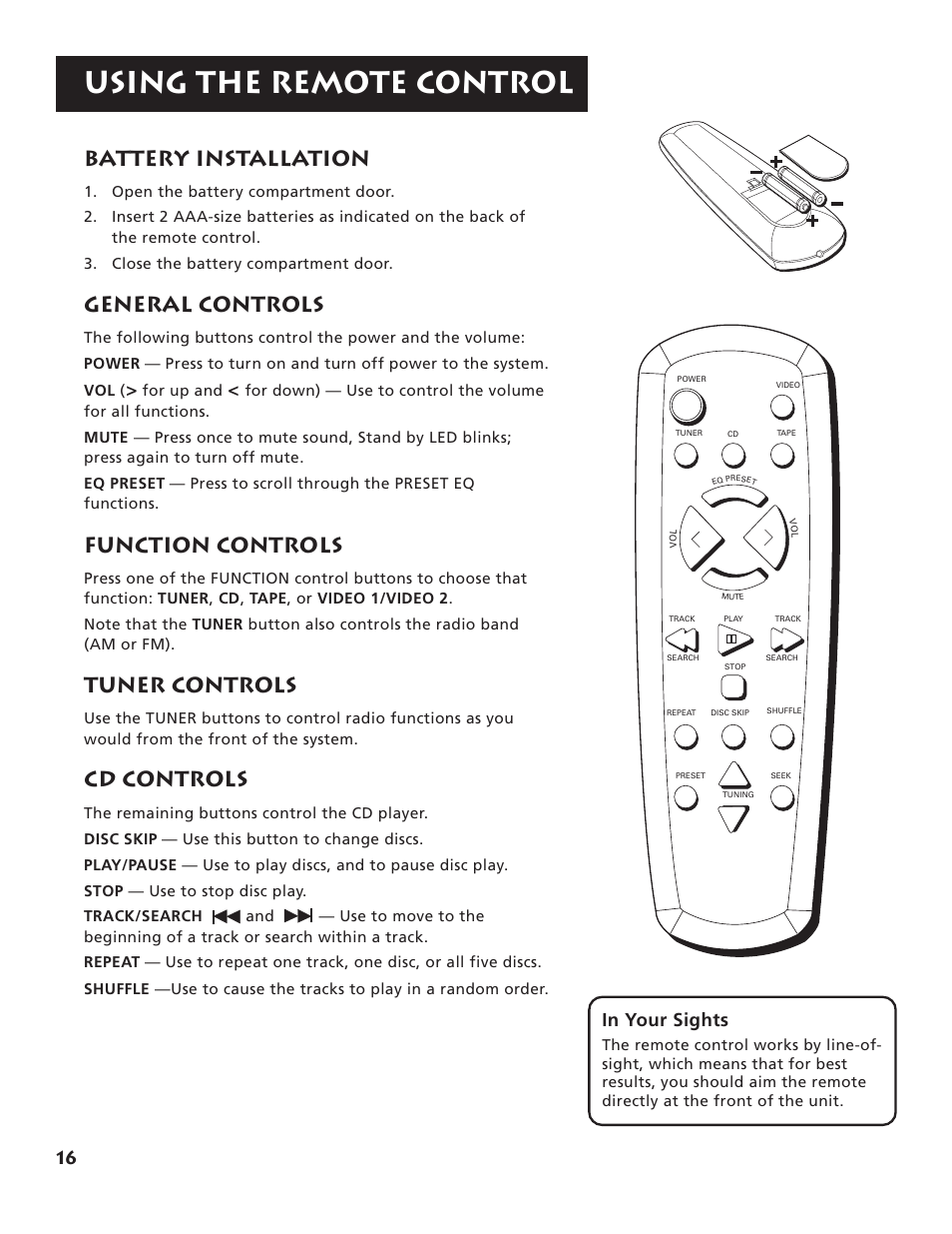 Using the remote control, Battery installation, General controls | Function controls, Tuner controls, Cd controls, 16 in your sights | RCA RP-9555 User Manual | Page 18 / 22