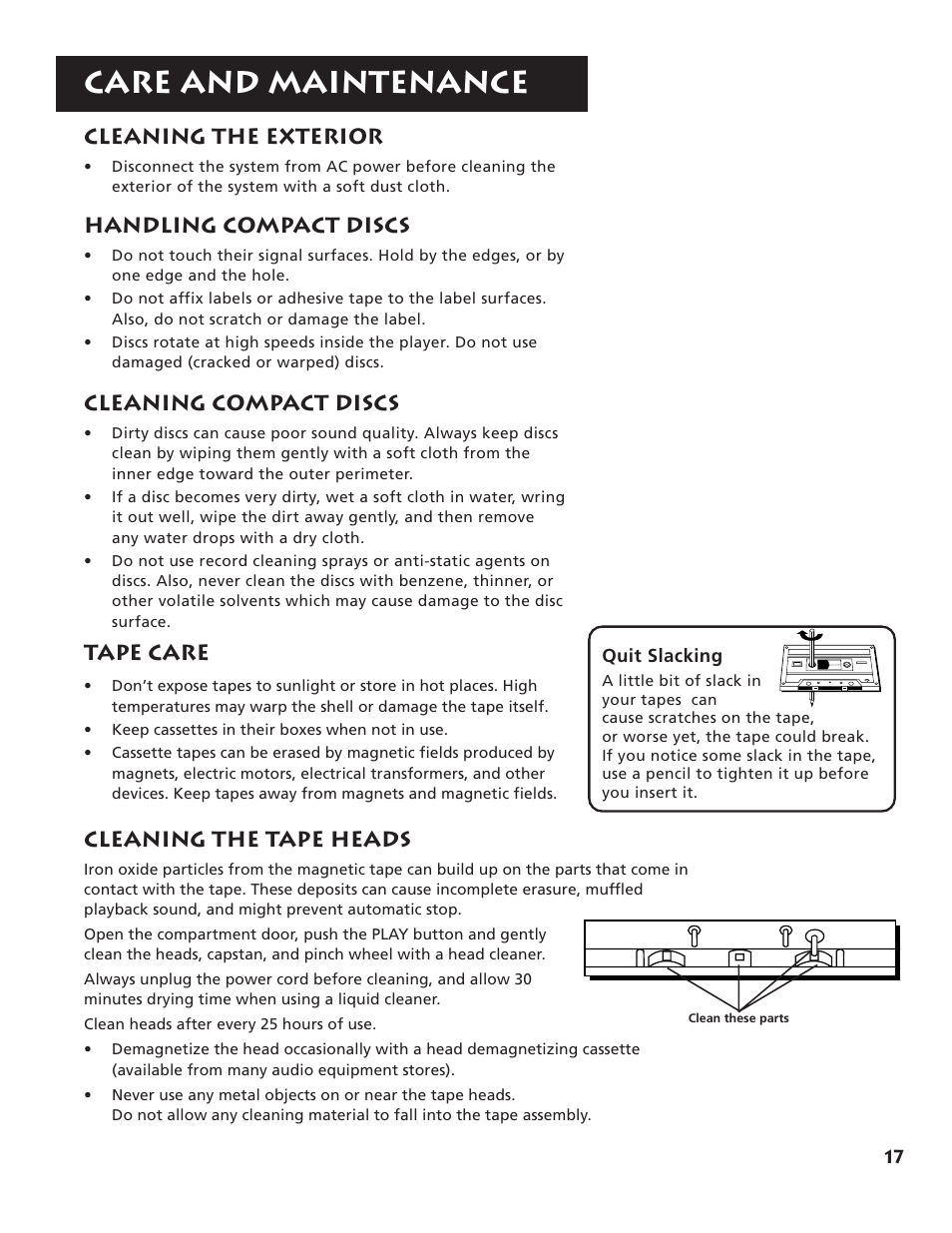 Care and maintenance, Cleaning the exterior, Handling compact discs | Cleaning compact discs, Tape care, Cleaning the tape heads | RCA RP-9555 User Manual | Page 19 / 22