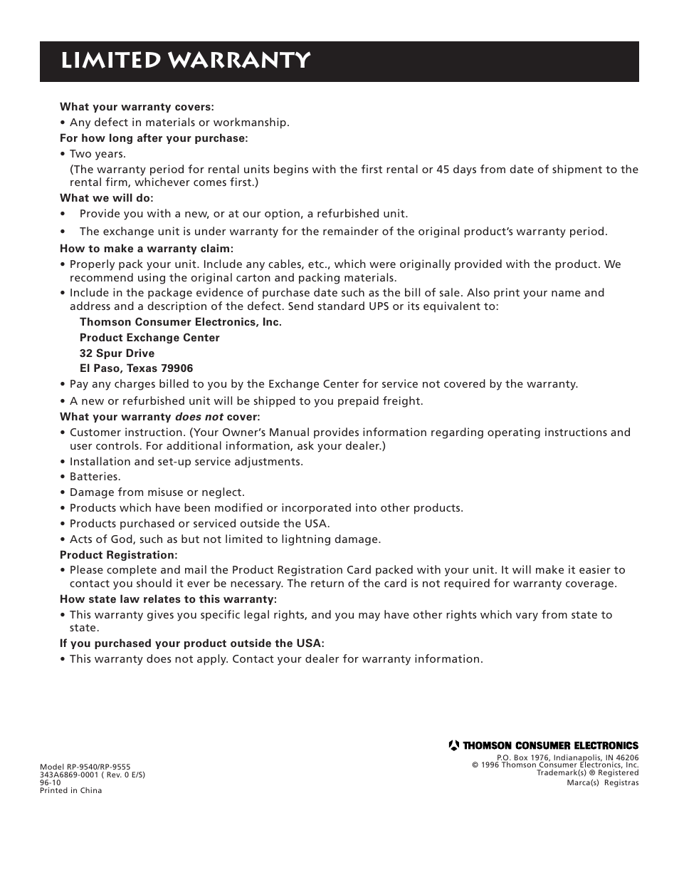 Limited warranty | RCA RP-9555 User Manual | Page 22 / 22